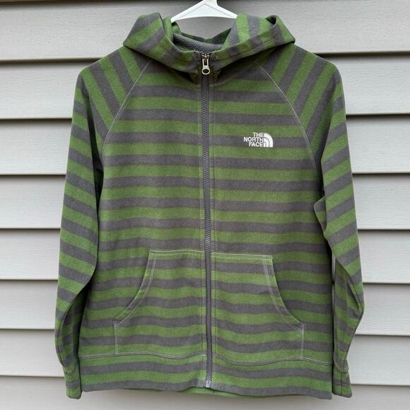 NWOT The North Face Boys L Full Zip Striped Fleece Hoodie - Green and Gray - Picture 1 of 10